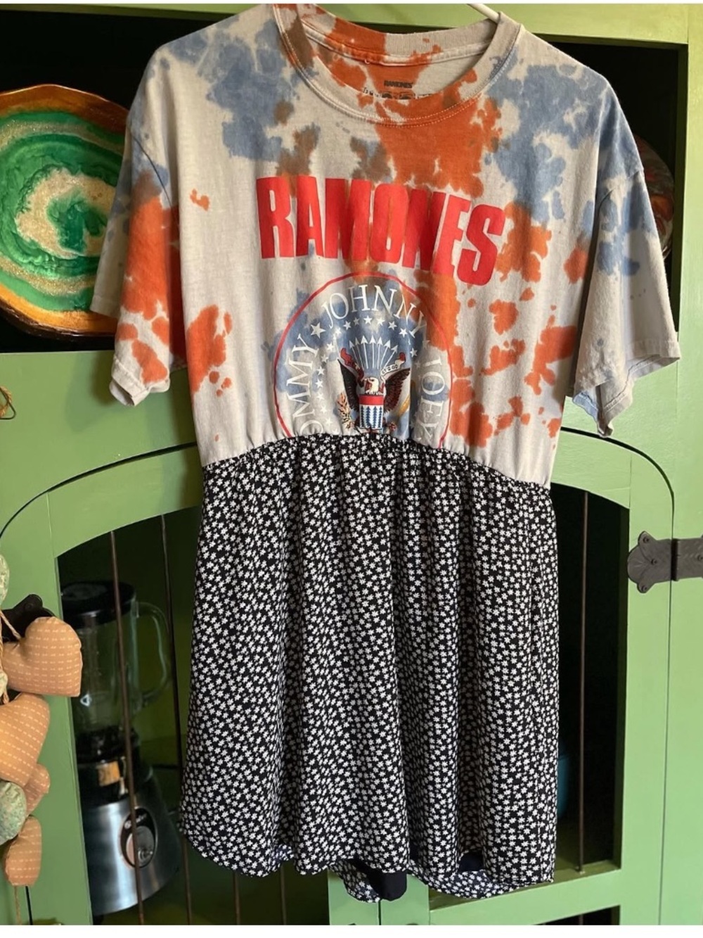 RAMONES 🎼🎶 Floral navy skirt and band T-shirt dress handmade hand sewn